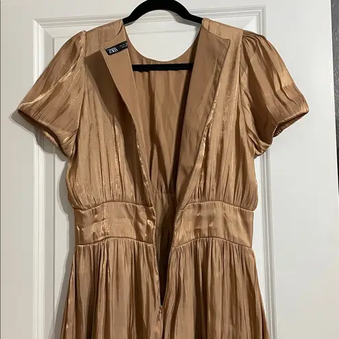 ZARA  Copper Satin Midi Dress Gold Shiny Fit And Flare Short Puff Sleeves Large