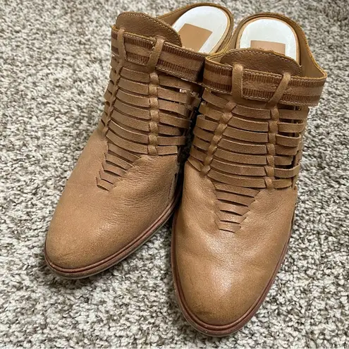 DOLCE VITA Camel Brown Almond Toe Block Heel Slip On Leather Mules Size 8.5