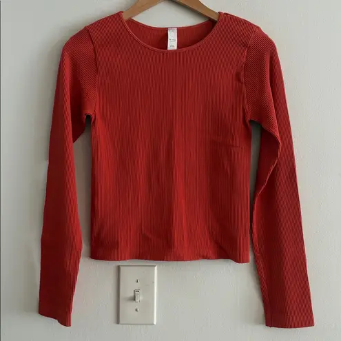 New Avocado Ribbed Seamless Long Sleeve Crewneck Active Top Large Burnt Orange