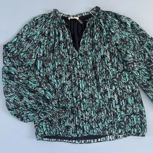 Ramy Brook Luanne Silk Pleated Smocked Teal Combo Long Sleeve Blouse