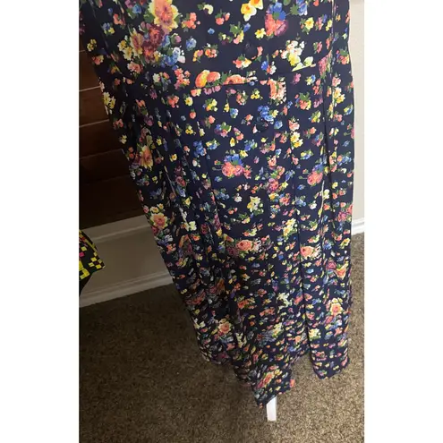 Leslie Fay Vtg 90s  Maxi Secretary Dress Navy Blue Floral Cottagecore 14 pockets