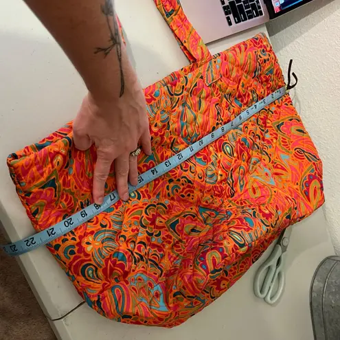 None Orange Multi Colored Quilted Floral Printed Nylon Double Handle Zipper Tote Bag