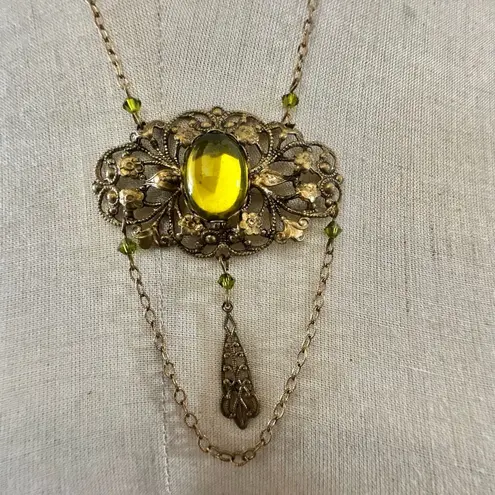 Vintage Czech Brass Filigree Necklace with Yellow Glass Cabochon & Chain Drop