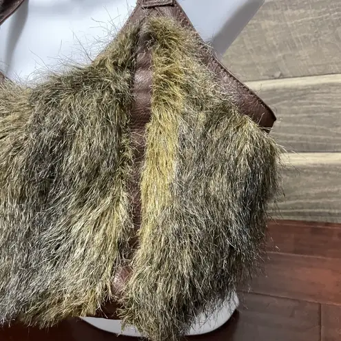 Bueno Cream Gray Brown Faux Fur Shaggy Hobo Purse Shoulder Bag