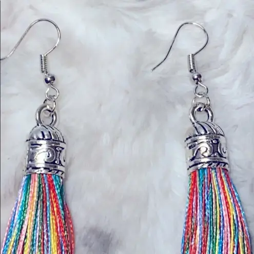 NEW! BOHO Silver & Rainbow Fringe Tassel Earrings Red