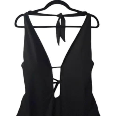 Black Plunge Tie Side Ruched One Piece Swimsuit Adjustable Bathing Suit XS
