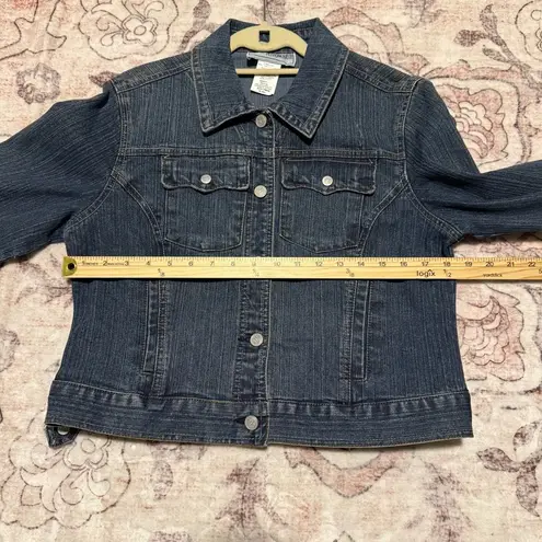 Jessica Howard Petite Distressed Bomber Denim Jean Jacket with Two Pockets