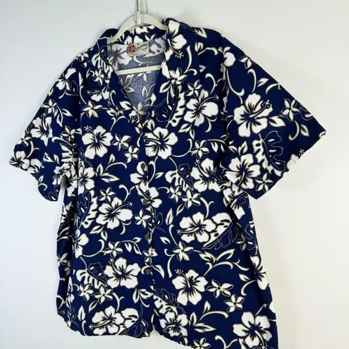 Hilo Hattie Hawaiian Shirt Navy Blue White Tan Floral Bold Button Front Shirt 1X