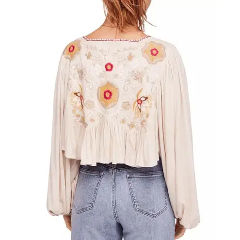 Free People  Claudine Red Golden Floral Embroidered Flowy Top Large Flawed