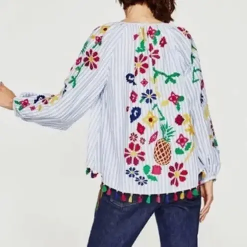 ZARA  BBWM Woman Striped Floral Fruit Embroidered Balloon Sleeve Boho Peasant Top