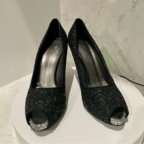 Giuseppe Zanotti Black Sparkle Peep Toe Heels Sz 39.5