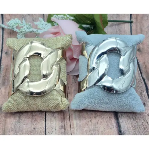 None Set of 2 Statement Metal Cuff Bracelets 1 Silver Tone & 1 Gold Tone Link Look