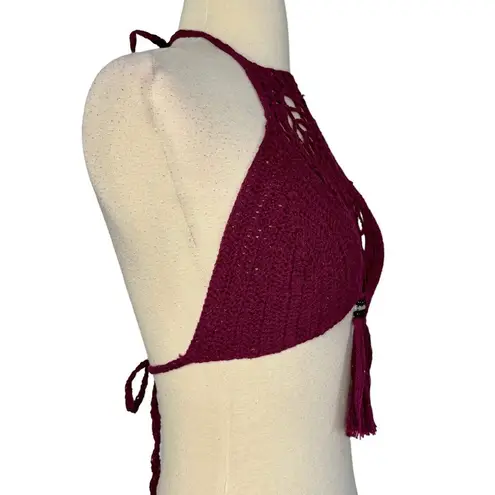 LAKHAYS Crochet Dream Catcher Halter Crop Top Tasseled Beaded Maroon One Size Size undefined