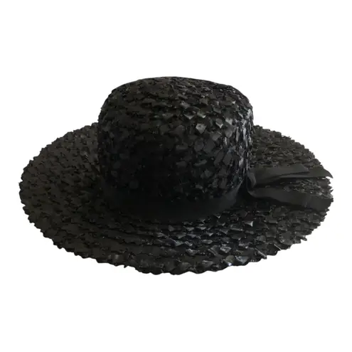 Vintage Suzy Hat Black Woven Straw Wide Brim With Ribbon Accent Women's Medium