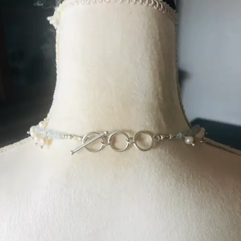 Sterling Silver Handcrafted genuine pearl aquamarine stone toggle clasp necklace