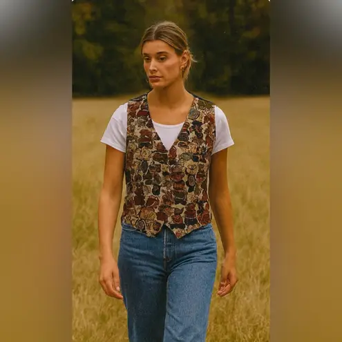 Vintage Christmas Teddy Bear Tapestry Embroidered Vest L/XL Brown