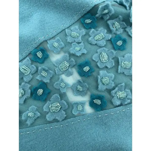 Teri Jon Rickie Freeman Long Wool Skirt Fringe Floral Appliqué Beaded Size XL Blue