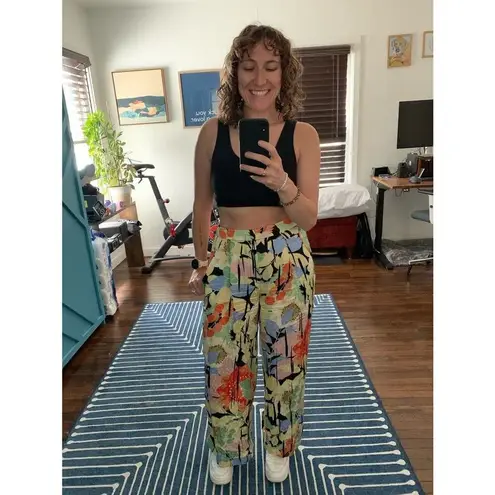 Equipment Yellow Green Silk Tropical Wide Leg Flowy Trousers Pants Size 8