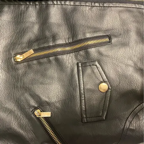 Stylish Black Faux Leather Moto Jacket with Gray Hood Faux Fur Lined Size Small