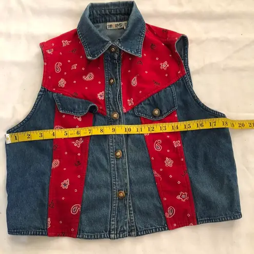 90s Sun River Red blue western cowgirl denim vest jacket with paisley bandana print and pockets #cottagecore #biker #Y2K #streetwear