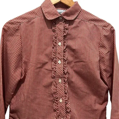 VTG ESSAY Ruffle Front Blouse Sz S Button Up Red Tan Western Retro Farmhouse