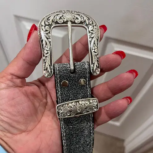 Nocone Leather Western Belt (SM)N3447001 Denim Flower Silver Buckle Blue