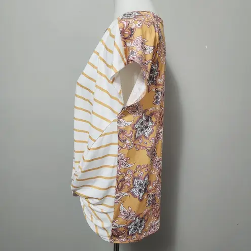 Scarlett Love Mustard Stripe Front Floral Back Gathered Hem Tee Size Medium