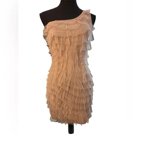 C. Luce Tan Pink One Shoulder Ruffled Cocktail Dress