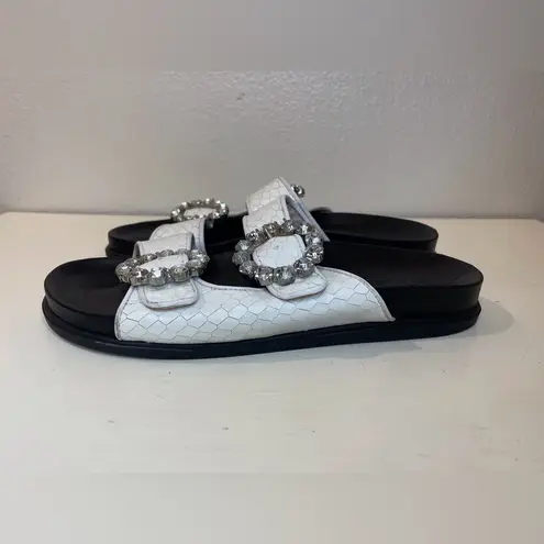 Schutz Ariel Crystal-Buckle Sporty Slide White Snake Croc Sandals Size 10 B