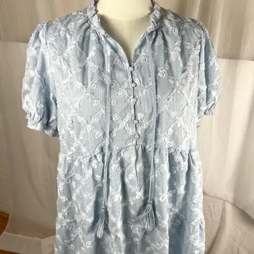 Polagram Tiered Puff Sleeve Mini Dress 2X New Tassel Empire Waist Textured