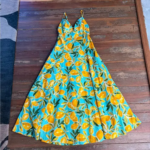 Dress Forum Lemon Print Open Back Fit and Flare Summer Dress ~ Size Small 💚🍄 Yellow