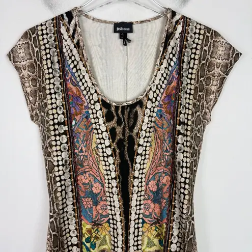 Just Cavalli Mixed Print Cap Sleeve Scoopneck Bodycon Mini Dress Size Medium M
