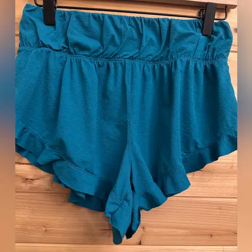 Free People Movement Small High Rise Teal Athleisure Ruffle Flowy Short Shorts Blue
