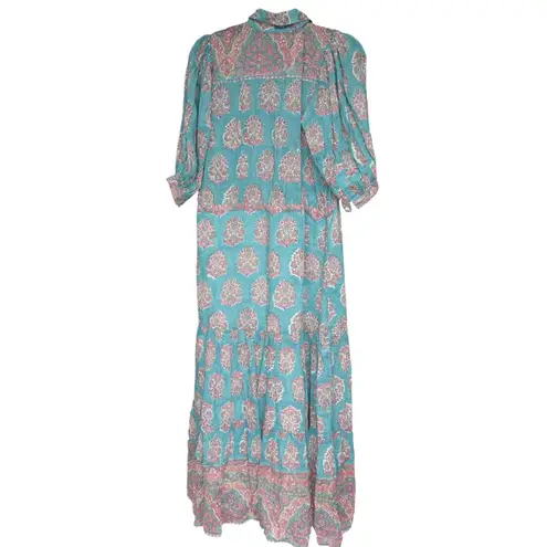 Alicia Bell Lola Ruffle Cotton Silk Boho Tiered Maxi Cover Up Dress Teal Pink M Size M
