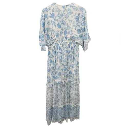 HEMANT & NANDITA Calee Floral Tiered Maxi Dress Blue and White Large