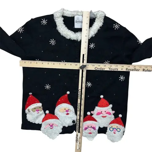 Arriviste Women's Black Christmas Santa Felt Applique Cardigan Sweater M Vintage Size M