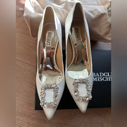 Badgley Mischka Cher Crystal Embellished Pump in Soft White Satin