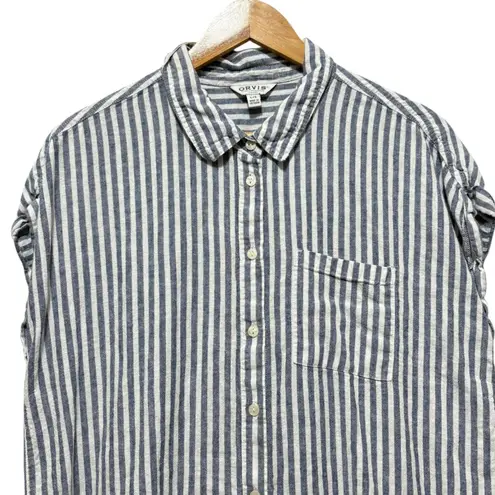 Orvis Womens Linen Blend Button Top L Blue White Striped Coastal Beachy Travel