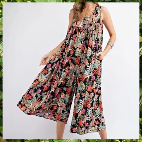 easel  "Tropical Vibes" Lightweight & Oversized V-Neck Sleeveless Romper Jumpsuit - Image 9