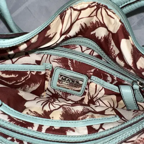 Maxx New York Signature Light Blue Leather Floral Interior Shoulder Bag