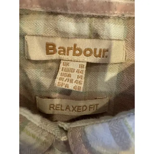 Barbour Shirt Women 14 Pink Plaid Check Flannel Relaxed Fit Newbury Button Down