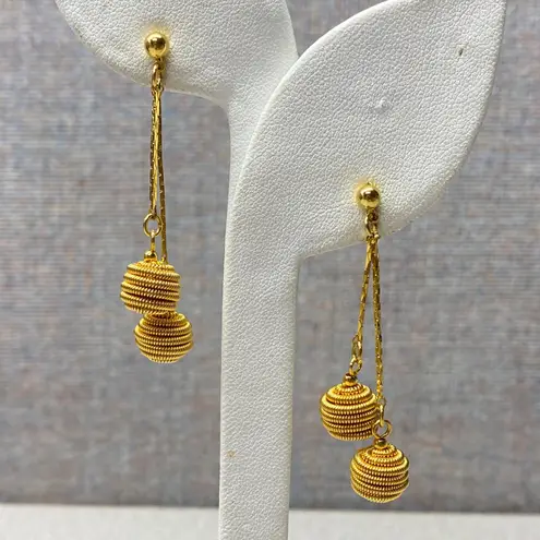 Gold Tone Textured Sphere Drop Chain Swingy Disco Dangle Statement Earrings