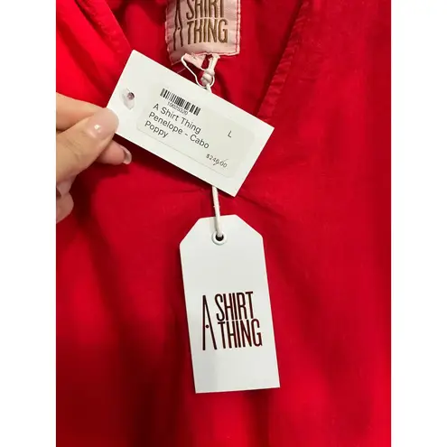 A SHIRT THING Penelope Cabo Poppy Red Ruffle V Neck Cotton Blouse Top L $246 NEW Size L