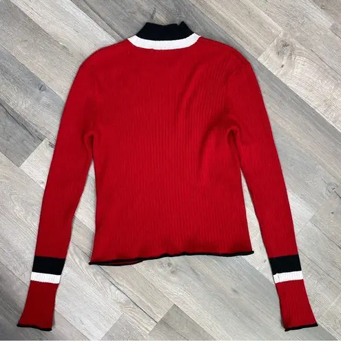 ZARA  Mock Neck Ribbed Knit Pullover Shirt Red Black Small Long Sleeve