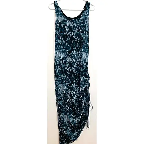 Soma Blue Black Tie Dye Ruched Drawstring Tie Asymmetrical Boho Maxi Tank Dress