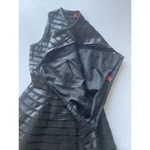 Saks 5th Avenue Red Saks Fifth Ave Black Leather Stripe Mesh Panel Sleeveless Fit‎ Flare Dress S