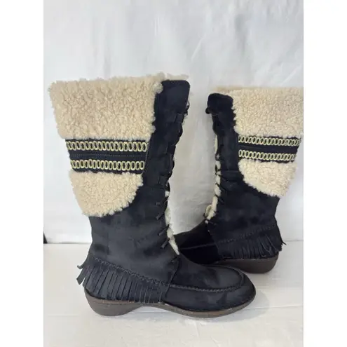 UGG  Women’s Shoreline Boots Size 9 Black Suede Shearling Fringe Lace Up 5755