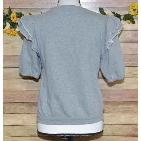 1 State Ladies S Gray Cropped Short Sleeve Ruffle Pullover Sweatshirt Cotton
