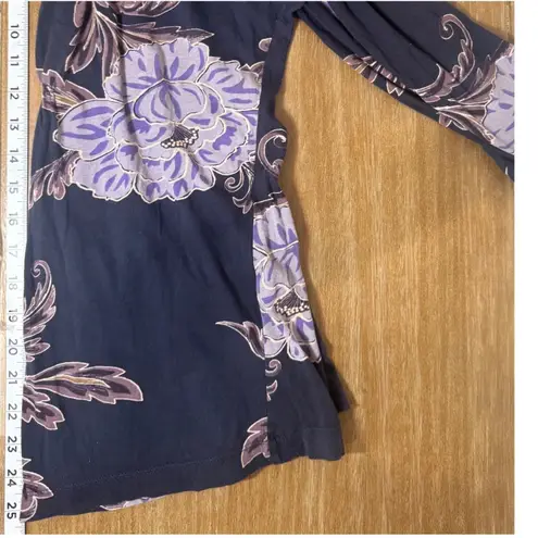 IZOD Vtg Cotton Purple Floral Print Long Sleeve Ruched Neck Top Blouse M Y2k