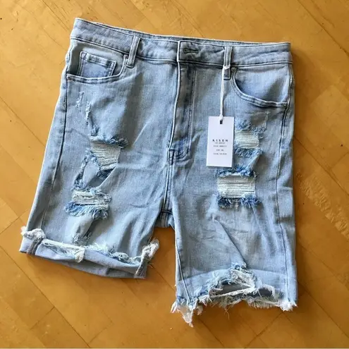 RISEN Distressed, High Rise Jean Shorts, Ice Blue, Size 2XL Blue